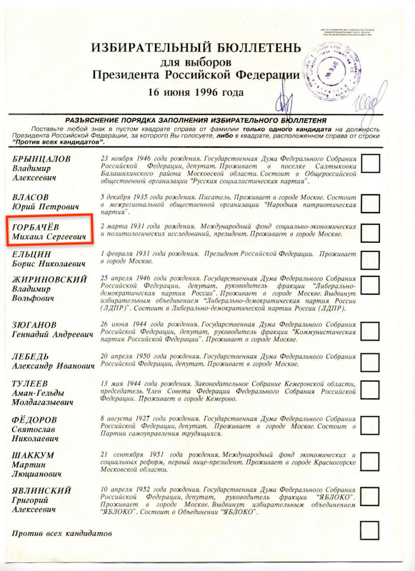 Бюллетень с выборов Президента 1996 года