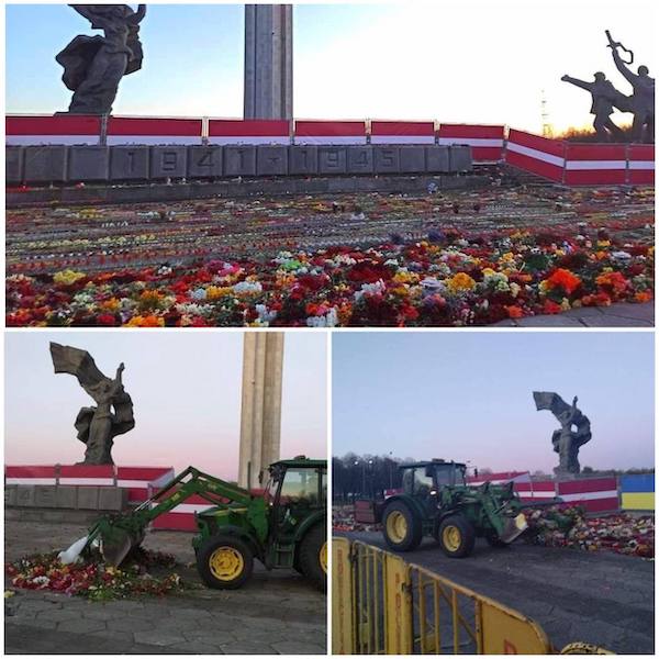 В Риге власти сгребли цветы у мемориала «Воинам-Освободителям» бульдозером