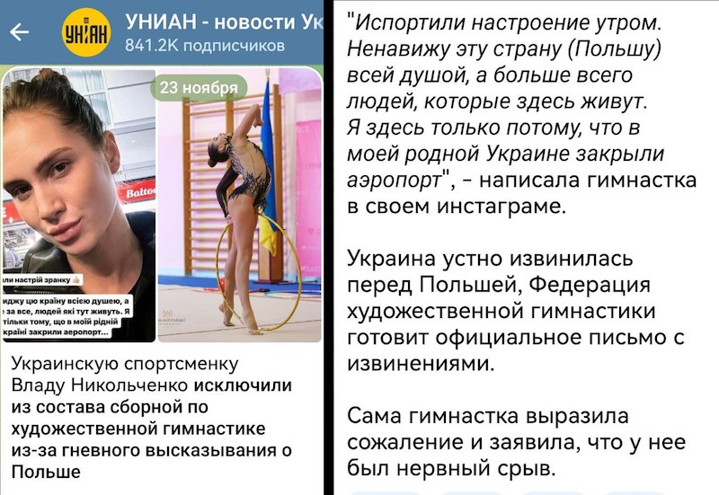 Украина извинилась за свою гимнастку перед Польшей и выгнала её из сборной