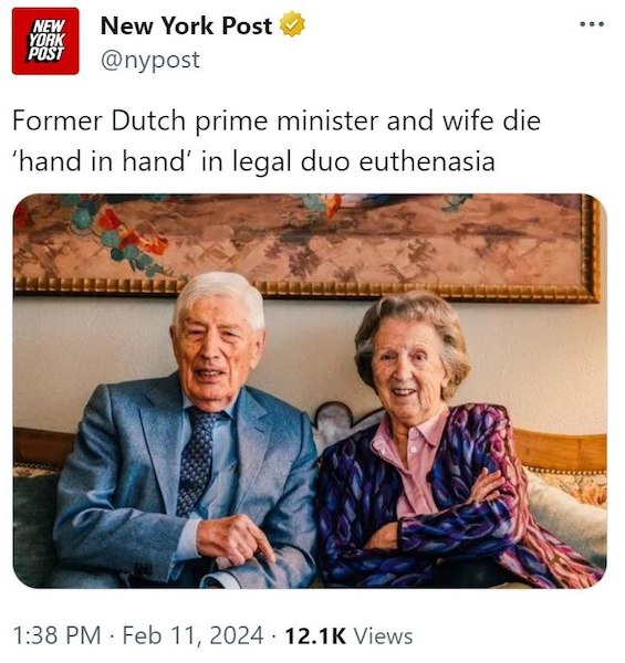 Бывший премьер-министр Нидерландов и его жена добровольно ушли из жизни