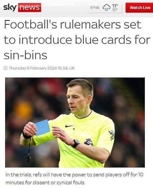 В футболе появятся голубые карточки