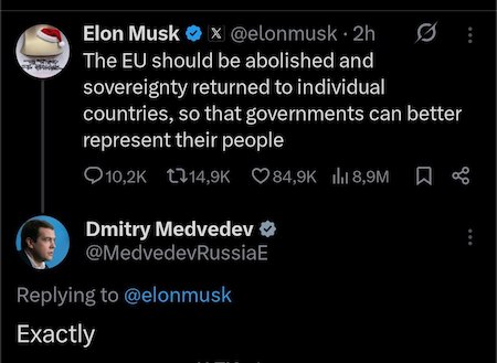 Маск заявил, что «ЕС должен быть упразднён». Медведев поддержал Маск заявил, что «ЕС должен быть упразднён». Медведев поддержал