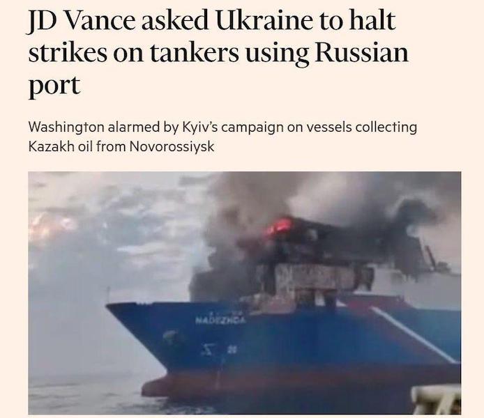 Джей Ди Вэнс лично призвал Украину прекратить удары по танкерам, заходящим в российские порты — FT