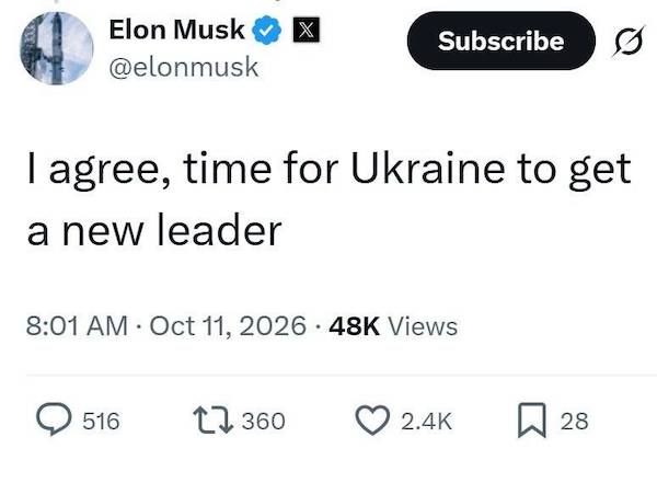 Маск тоже согласен с тем, что Зеленский задержался в кресле президента